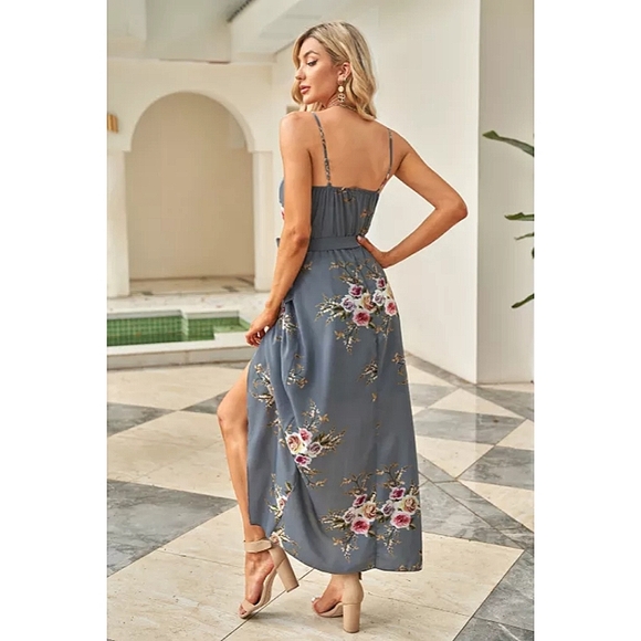 LAST ONE! Plus Size ADDISON Gray And Floral Wrap Maxi Dress With Slit - Picture 3 of 6